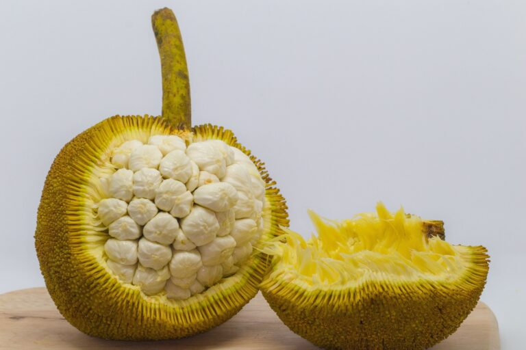 a sliced marang sits open, revealing its sweet, edible pods and unique texture