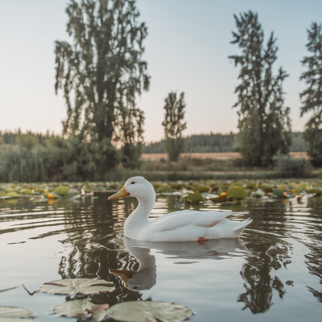 A serene white duck floats on a pond with lily pads scattered on the water's surface. The duck's reflection can be seen in the calm water. In the background, tall trees line the edge of the pond, and the sky above is clear with a soft gradient of colors, indicating either dawn or dusk.