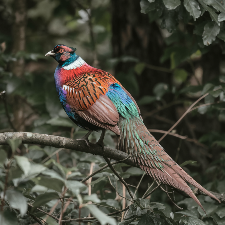 A vibrant, colorful bird with a striking mix of red, blue, green, and orange feathers is perched gracefully on a tree branch. The bird's long, elegant tail feathers extend behind it. The background consists of lush green foliage, creating a natural and serene forest setting.