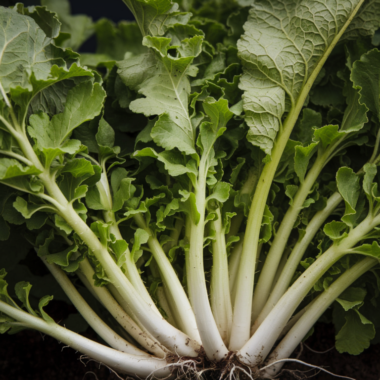 Close-up image of fresh daikon radish greens with white stems and vibrant green leaves. The greens are grouped together, coming out from the central root, displaying a healthy and lush appearance. The detailed texture of the leaves and stems is clearly visible.