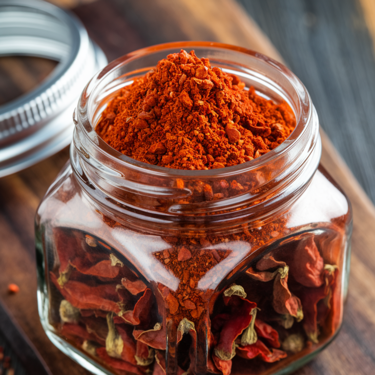 A glass jar filled with ground red chili powder is open on a wooden surface. The jar features compartments with dried chili peppers at the bottom, adding texture and color to the scene. The rich, vibrant red hue of the chili powder contrasts with the dark, blurred background, creating a visually appealing presentation. A metal lid is visible next to the jar.