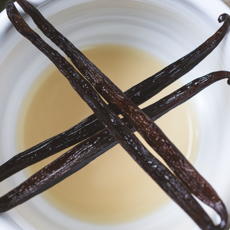 Close-up view of several dark brown vanilla beans placed in a crisscross pattern over a bowl of beige-colored liquid. The bowl is white, and the liquid appears smooth and slightly reflective.