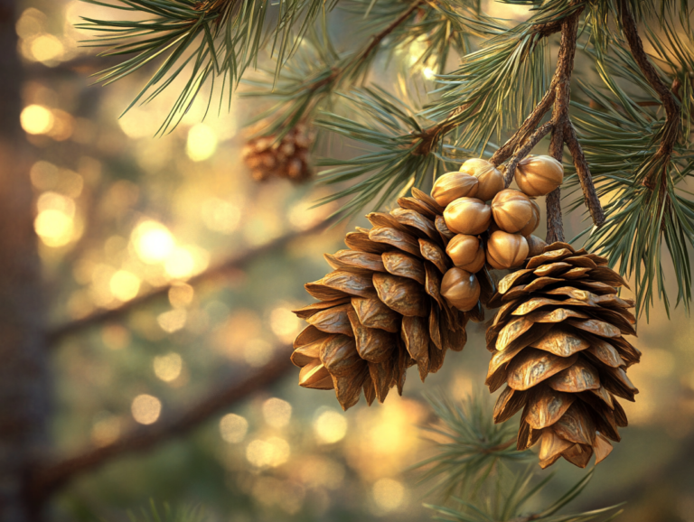 golden pine cones on a branch, with a bright background, showcasing the natural beauty of pine nuts