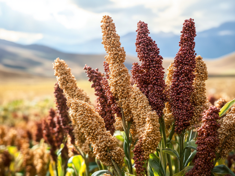 a field of brown and red quinoa plants growing abundantly in a vast agricultural landscape