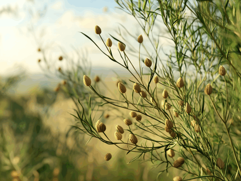 detailed view of caraway seeds on the plant, emphasizing their small size and distinctive features in natural light