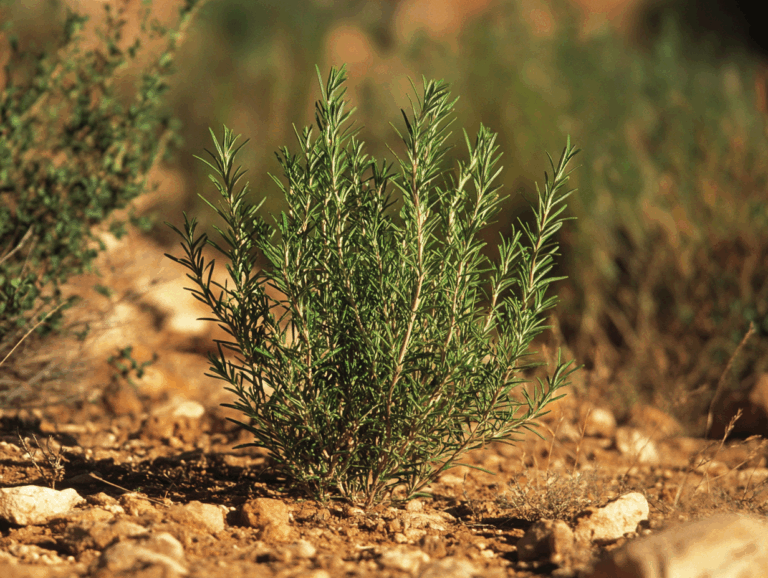 a delicate rosemary plant emerges from a rocky terrain, highlighting nature's ability to thrive in challenging conditions
