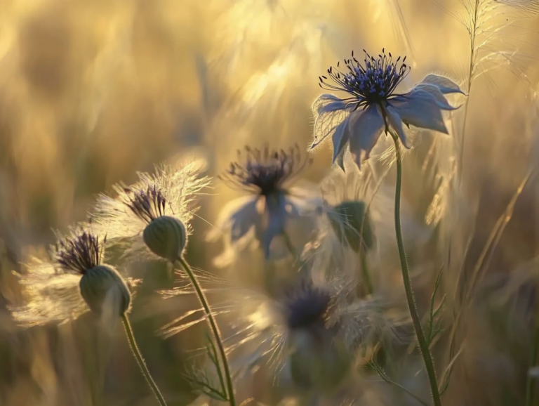 sunlit flowers and long grass, featuring nigella seeds, also known as black cumin, in a vibrant natural setting