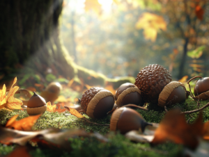 acorns scattered on the ground, illuminated by sunlight, showcasing their brown, textured shells