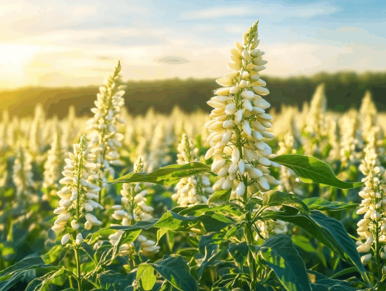 a sunlit field of white flowers, resembling sesame seeds, sways gently in the breeze under a clear blue sky