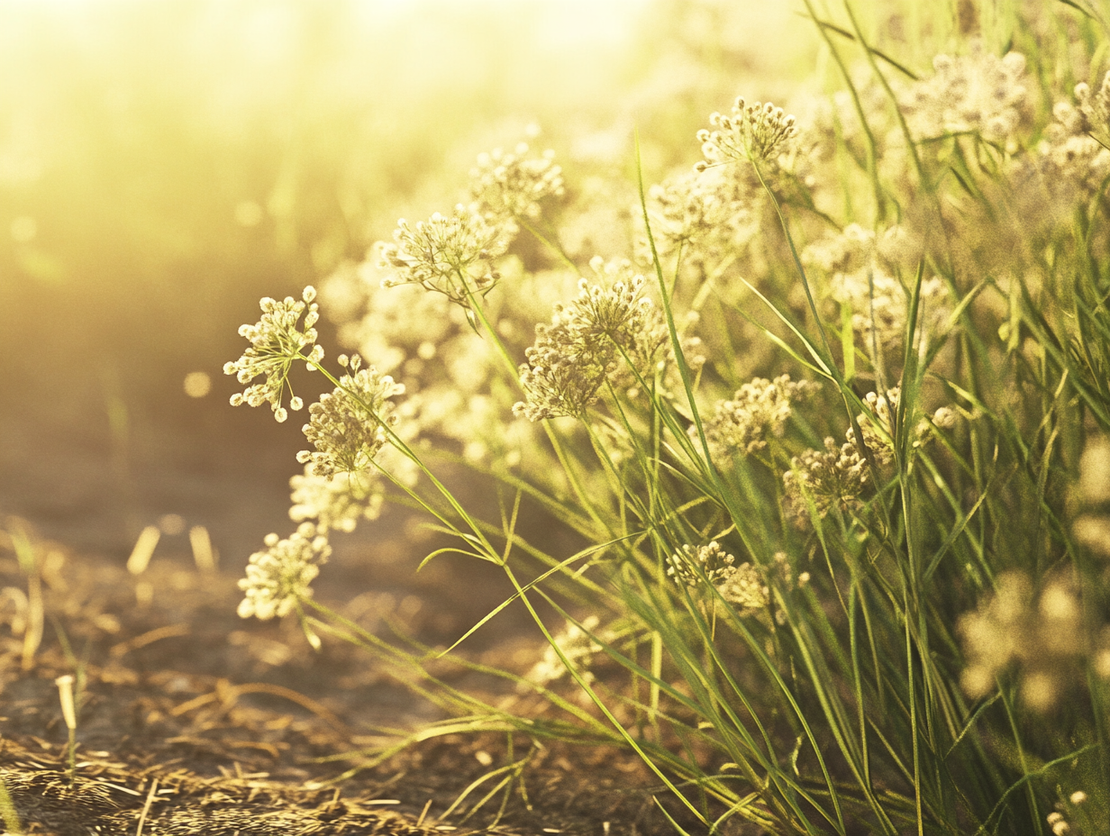 A sunlit field filled with blooming white fennel seeds flowers swaying gently in the breeze