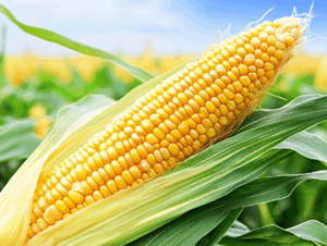 fresh corn on the cob, showcasing golden kernels, with a background hinting at cornmeal texture