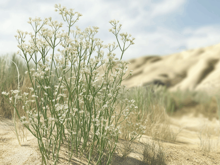 a field of white cumin seeds plant blooming in the desert landscape under a clear blue sky