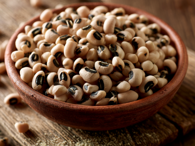 a close-up of black-eyed peas, showcasing their distinctive black spot and smooth, beige skin