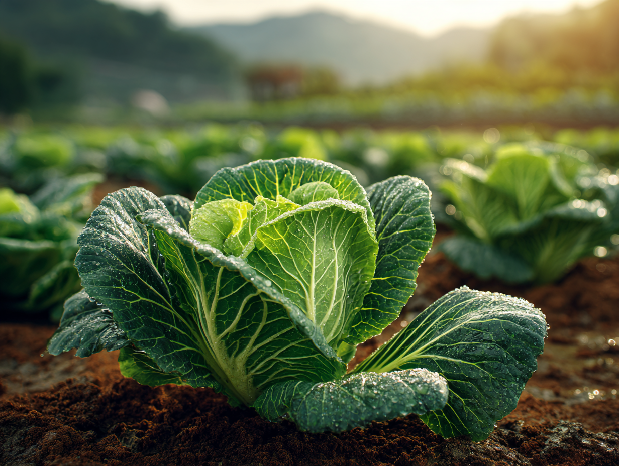 a healthy Chinese cabbage (napa) plant growing in a lush green field under clear blue skies
