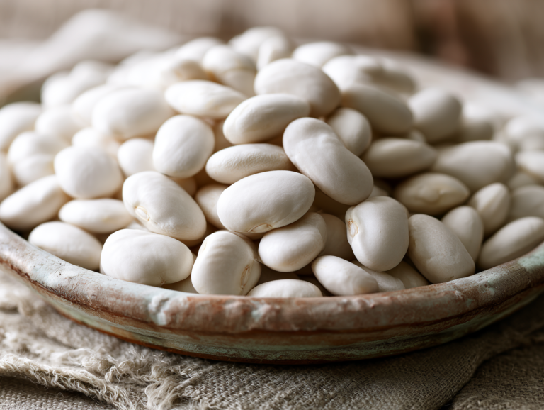 white great northern beans arranged in a bowl atop a table surface