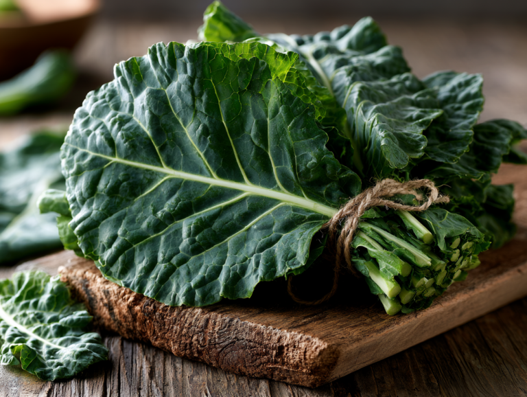 a fresh bunch of collard greens displayed on a wooden cutting board, showcasing their vibrant green leaves