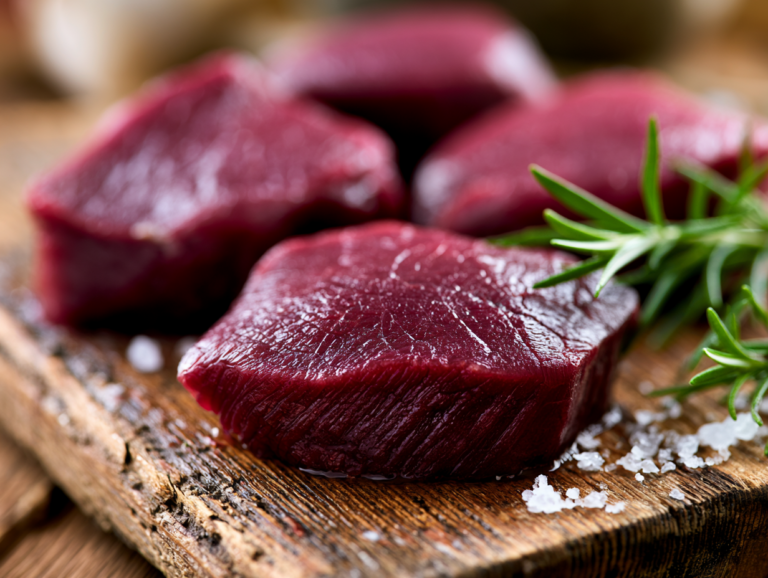 a perfectly cooked elk steak resting on a wooden cutting board, showcasing its rich color and juicy texture