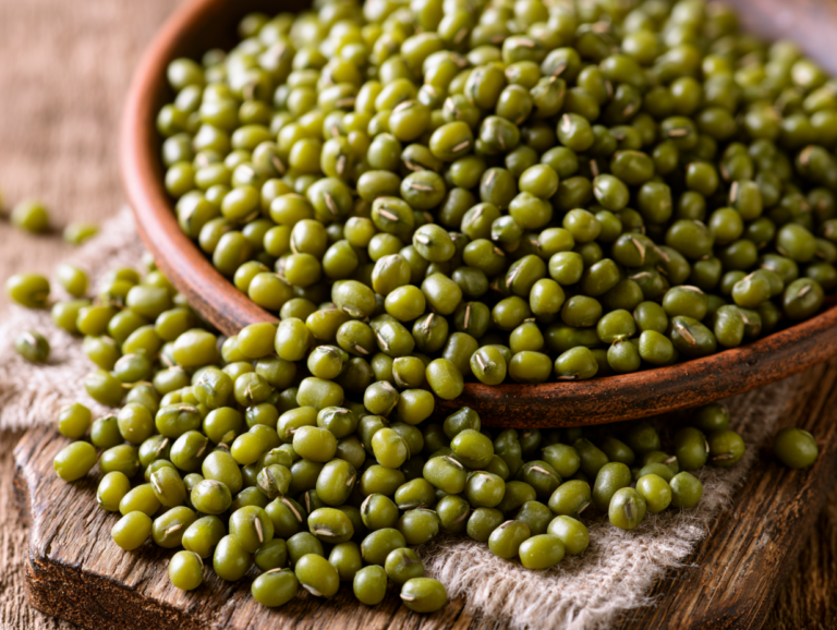 a bowl of green mung beans placed on a wooden table, showcasing their vibrant color and natural texture