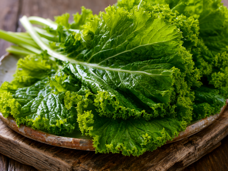 a plate of fresh mustard greens arranged on a rustic wooden table