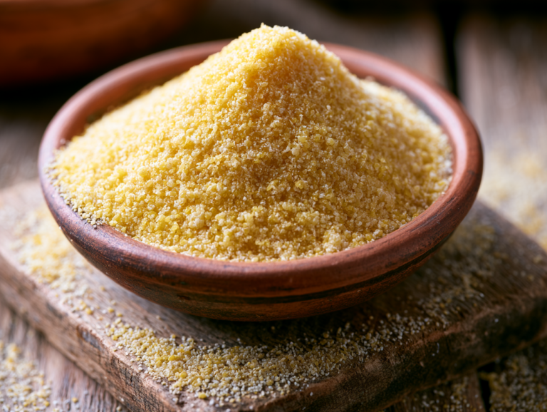 a bowl of yellow semolina sits on a wooden table, showcasing its fine texture and vibrant color