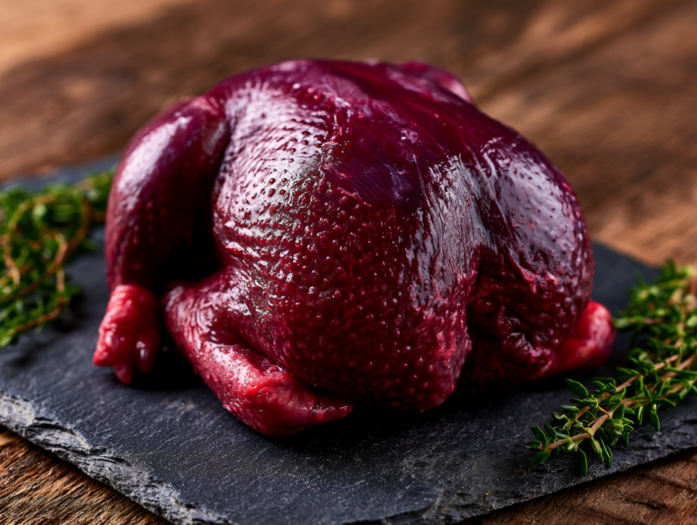 a squab (pigeon) placed on a slate plate, garnished with fresh rosemary sprigs
