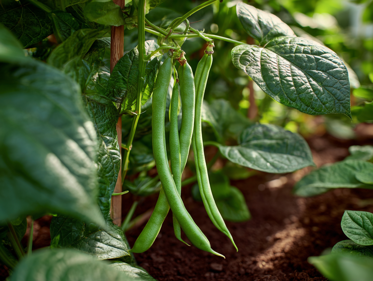 a close-up view of fresh French green beans hanging from a leafy vine in a garden