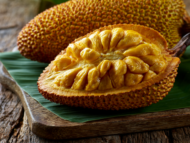 a ripe cempedak fruit, resembling a jackfruit, displayed on a wooden board with its textured skin visible