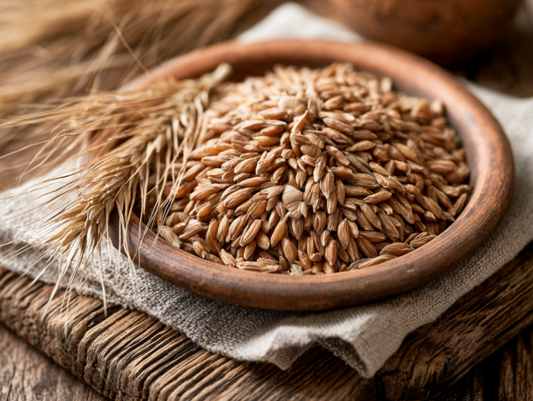 a bowl filled with wheat seeds placed on a rustic wooden table.
