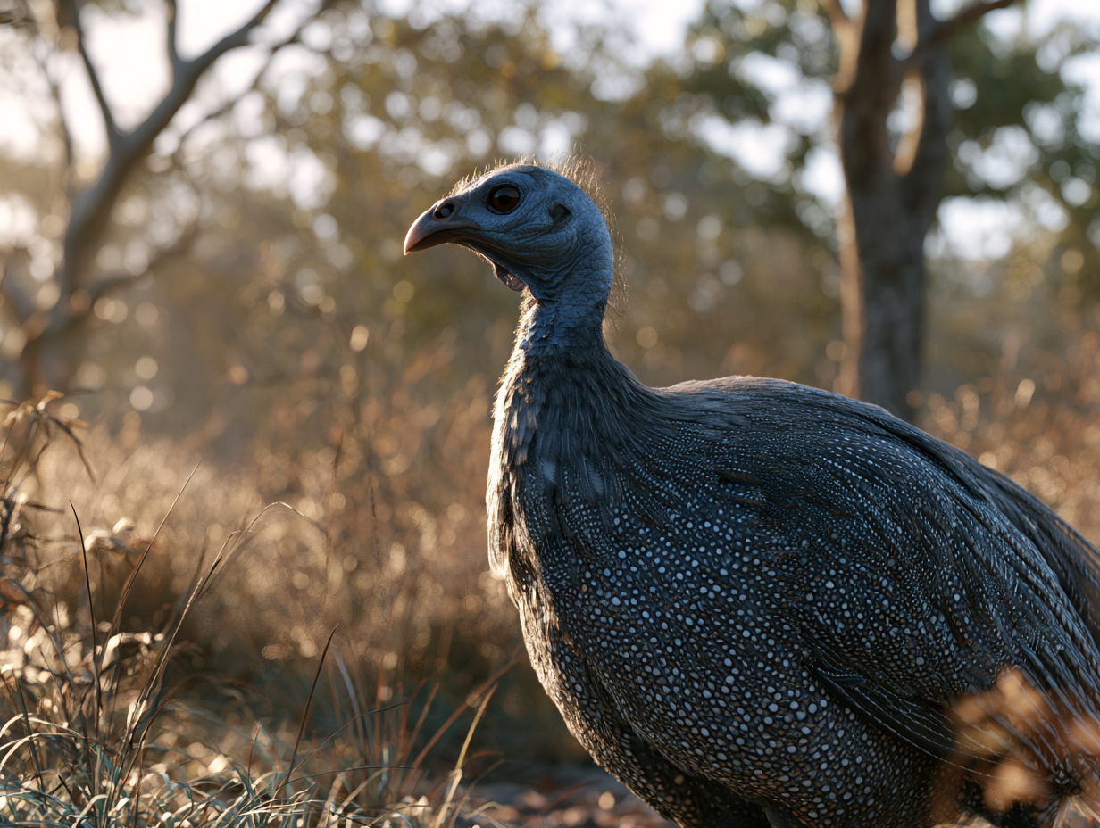 a large guinea fowl stands in a grassy field, with trees visible in the background